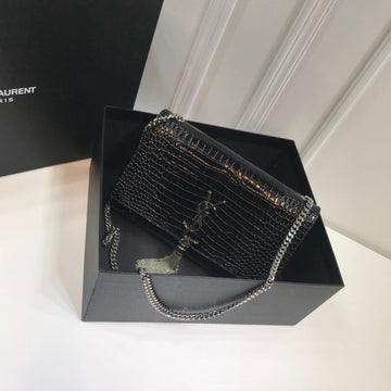 YSSL Kate Medium Chain Bag With Tassel In Embossed Crocodile Black For Women 9in/24cm YSL 354119DND0N1000