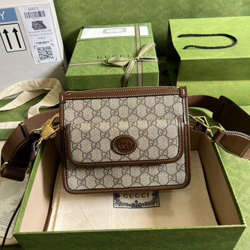 gg Messenger Bag With Interlocking G Beige And Ebony gg Supreme Canvas And Brown For Men 8in/21cm gg 674164 92THG