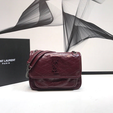 YSSL Niki Baby Chain Bag In Crinkled Â  Burgundy For Women 8in/21cm YSL 6331600EN046475