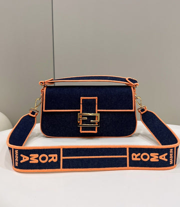 Top QualityTop Quality Baguette Blue Denim Orange Border Bag For Woman 26cm/10in