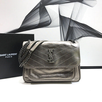 YSSL Niki Medium Chain Bag In Crinkled Â Silver For Women 11in/28cm YSLÂ 