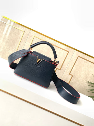 Top Quality Capucines Mini Taurillon Navy Blue For Women,  Shoulder And Crossbody Bags 8.3in/21cm Top Quality