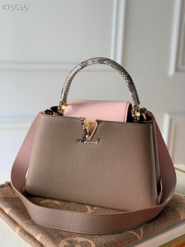Top Quality Capucines BB Taurillon And Python Taupe Brown/Eau De Rose Pink For Women,  Shoulder And Crossbody Bags 10.4in/27cm Top Quality M57539
