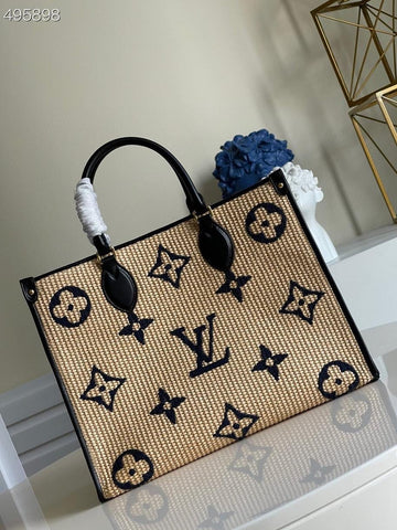 Top Quality OnTheGo MM Tote Bag Monogram Raffia Navy Blue For Women,  Shoulder Bags 13.8in/35cm Top Quality M57723