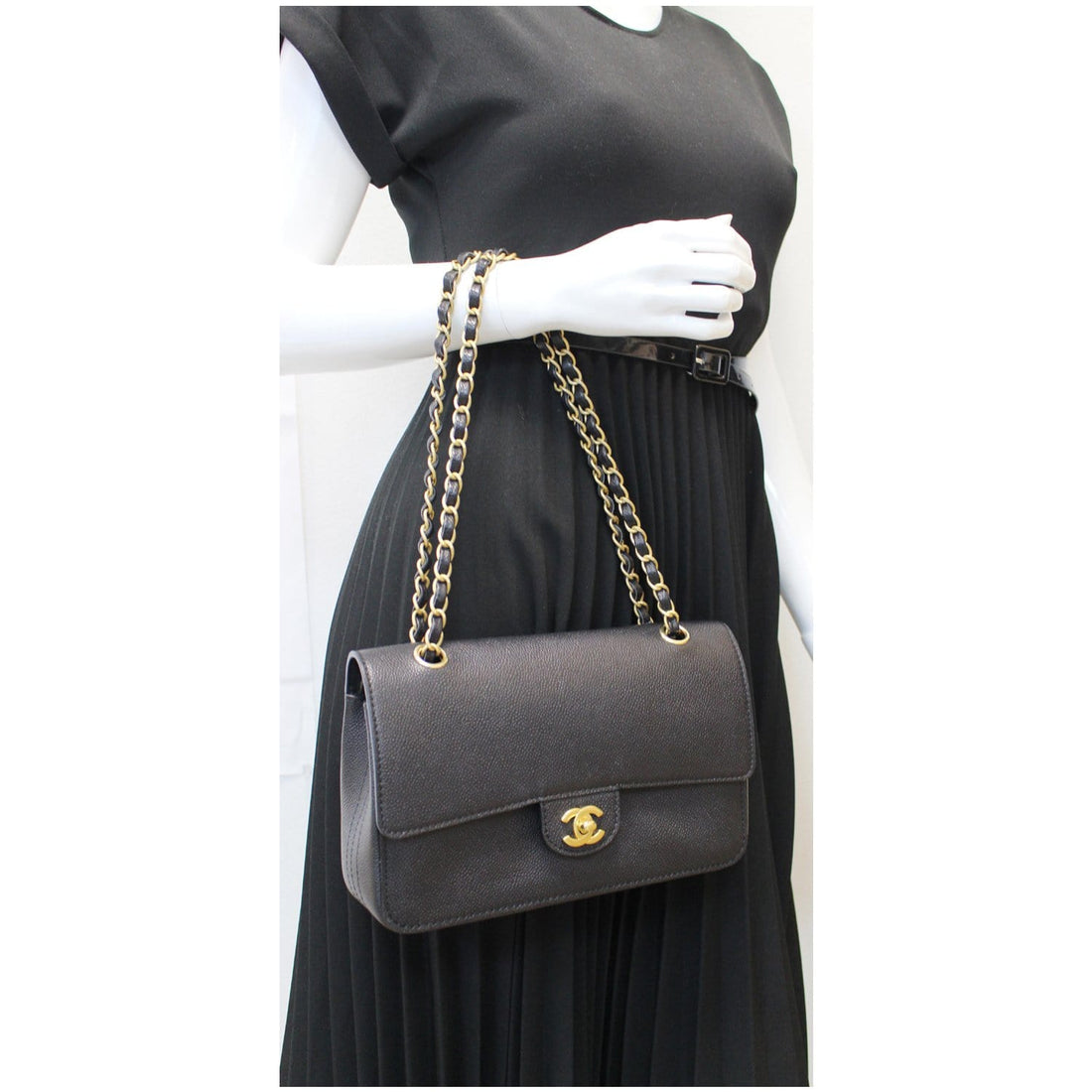 CHANEL Classic Pure Caviar Medium Double Flap Leather Shoulder Bag Black
