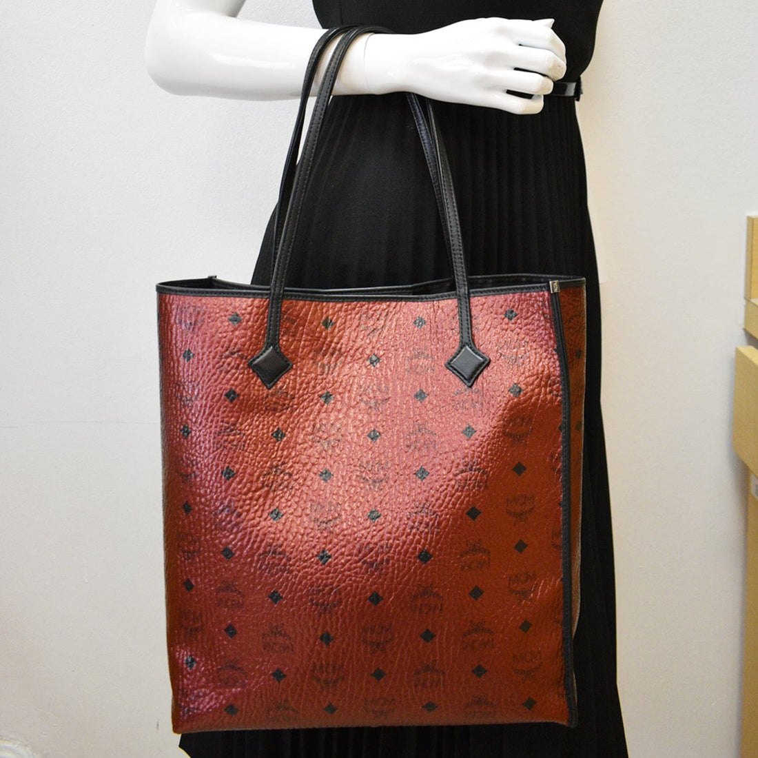 MCM Kira Metallic Medium Coated Canvas Shopping Tote Bag Red