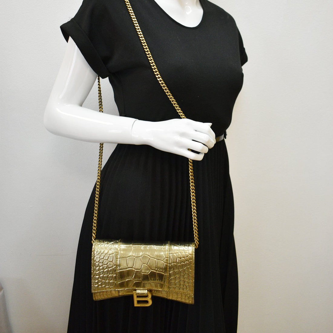 BALENCIAGA Hourglass Metallized Crocodile Embossed Wallet on Chain Crossbody Bag Gold