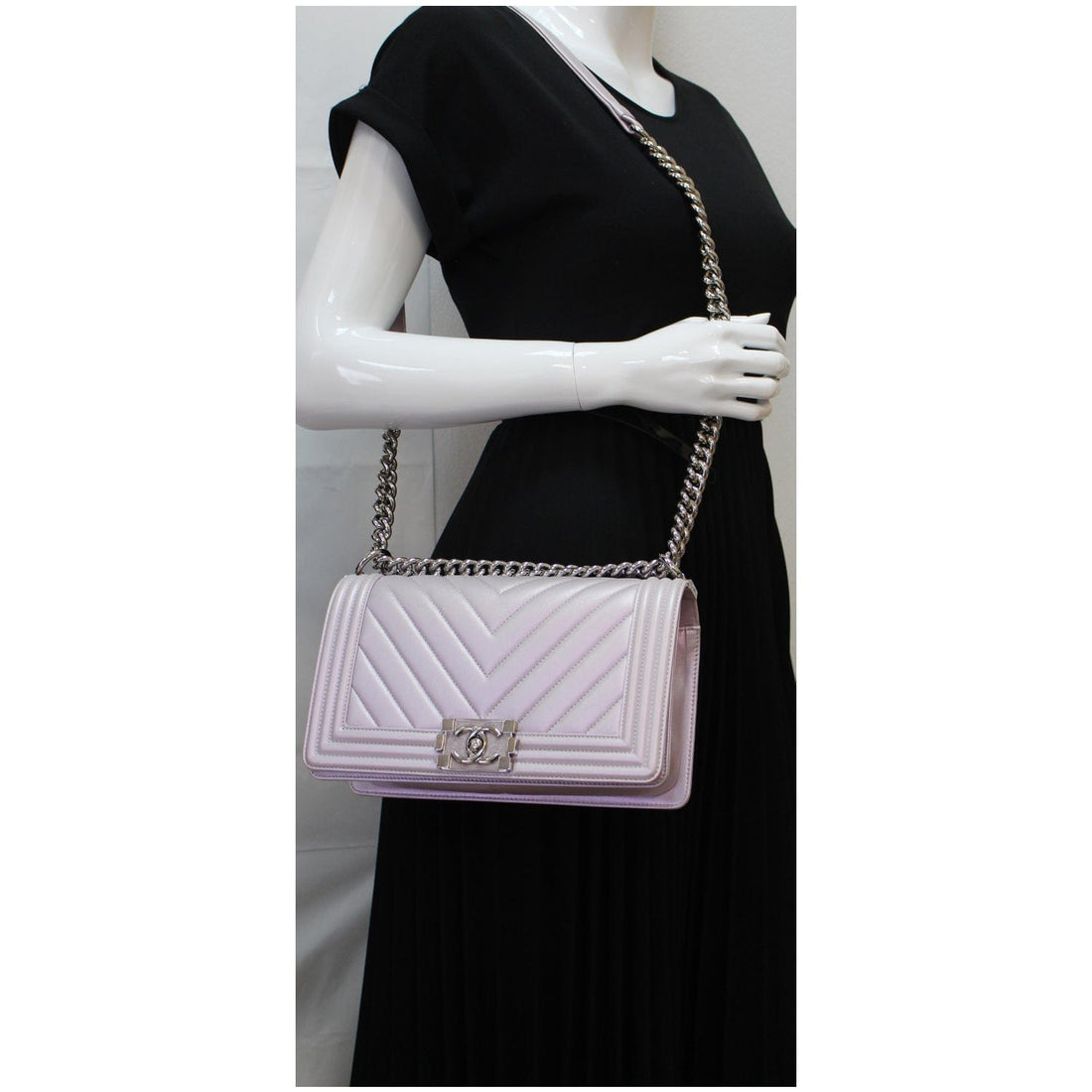 CHANEL Medium Boy Flap Chevron Leather Shoulder Bag Iridescent Lilac