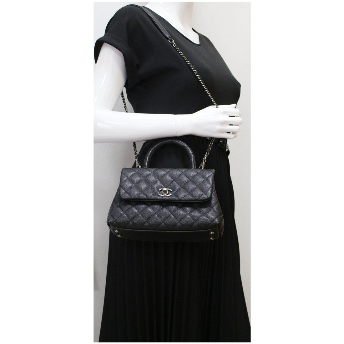 CHANEL Coco Mini Top Lizard Handle Caviar Leather Shoulder Bag Black