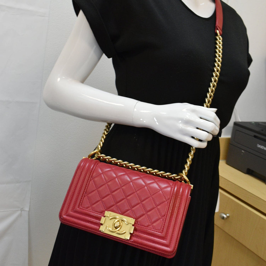 CHANEL Le Boy Small  Leather Shoulder Bag Red