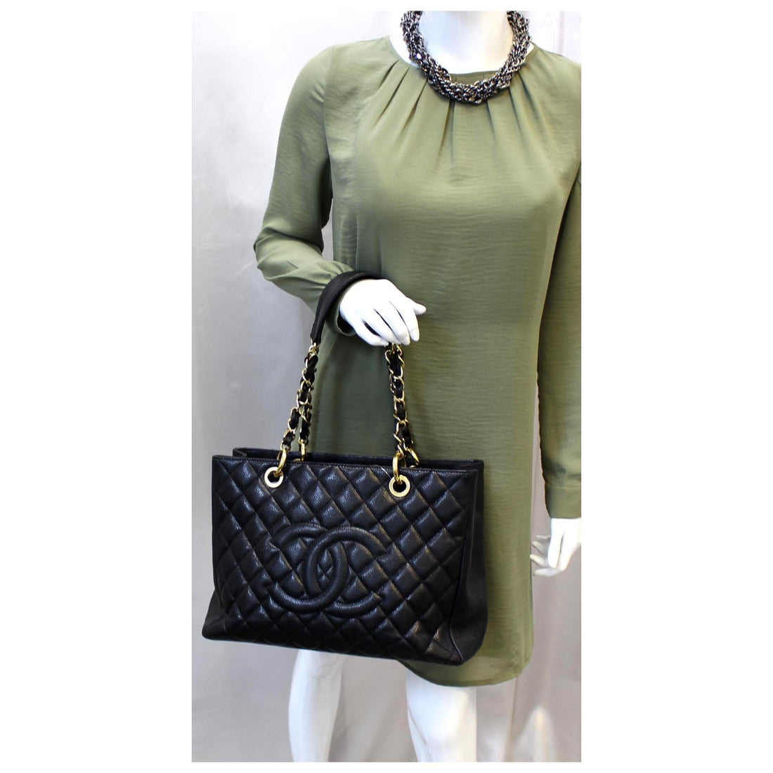 CHANEL Black Caviar Leather Leather Grand Shopping Tote Bag
