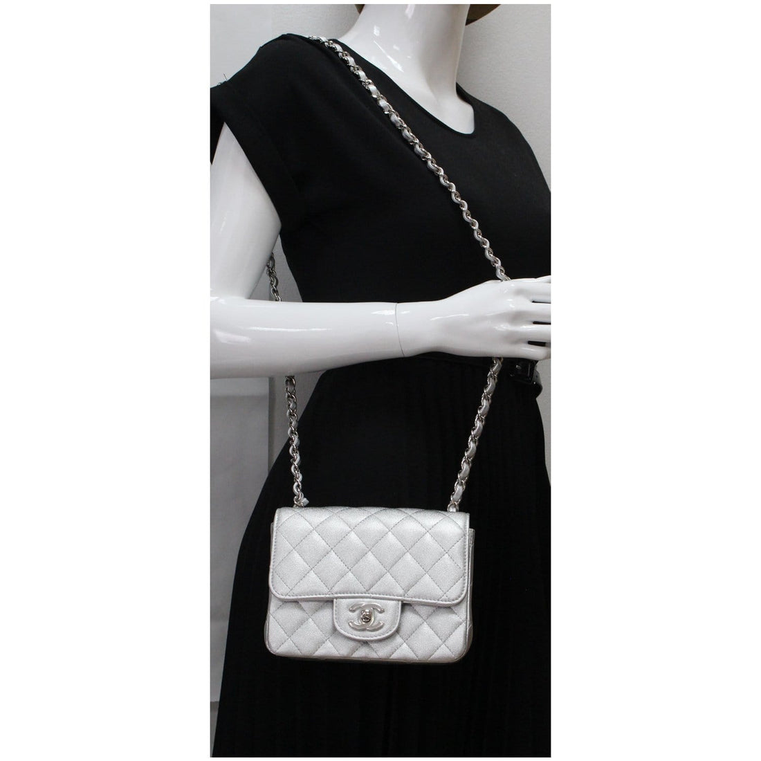 CHANEL Mini Square Flap Quilted Leather Shoulder Bag Metallic Silver