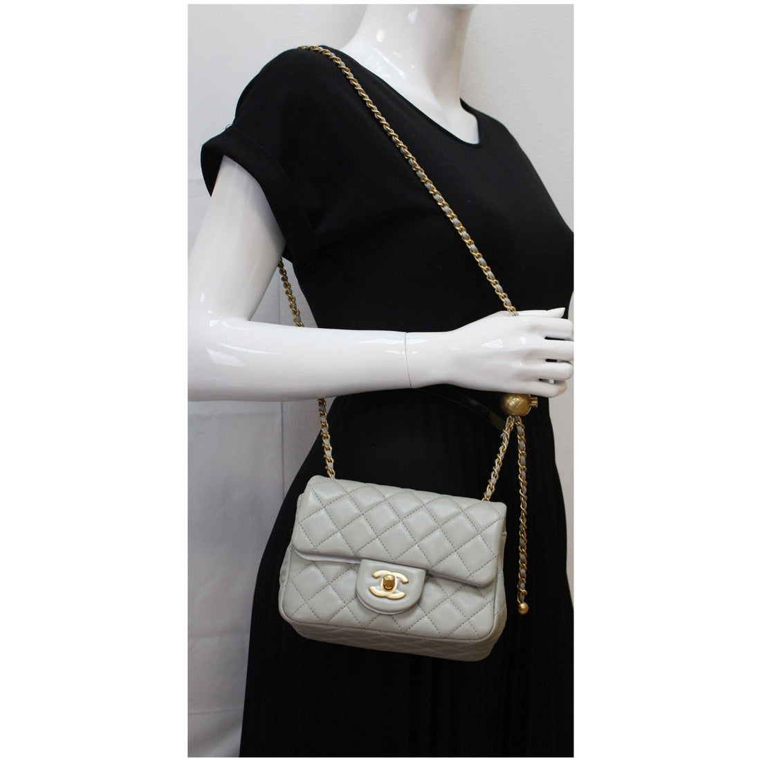 CHANEL CC Pearl Crush Mini Flap Quilted  Leather Shoulder Bag Light Grey