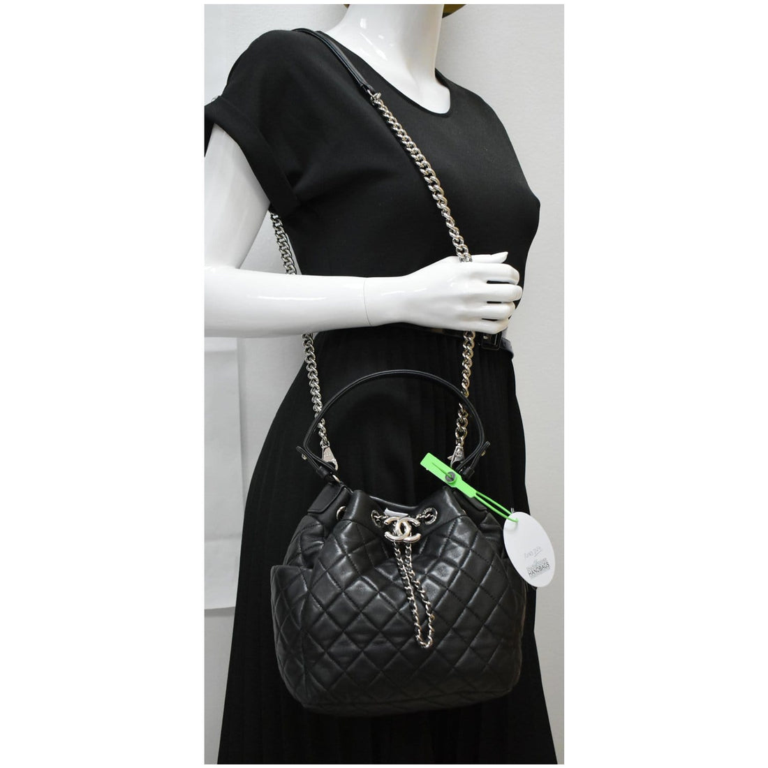 CHANEL Drawstring Bucket Quilted Lambskin Leather Shoulder Bag Black