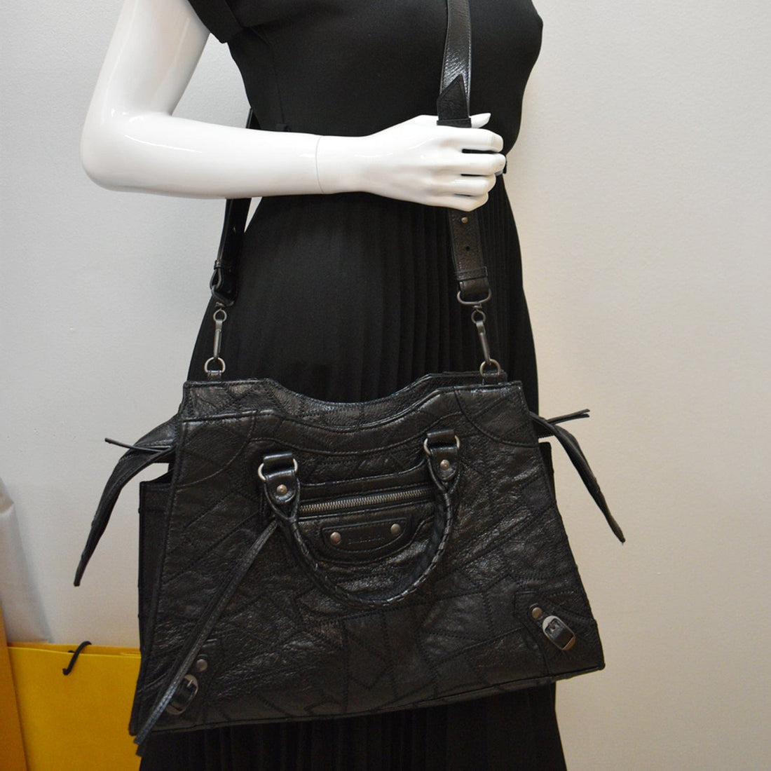 BALENCIAGA Neo Classic Patchwork Leather Top Handle Shoulder Bag Balck