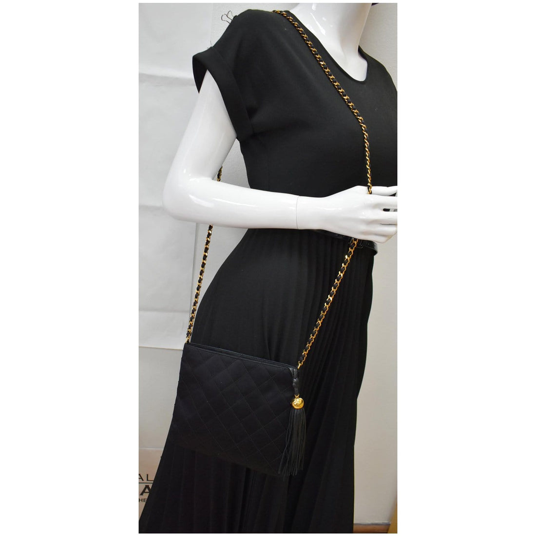CHANEL  Quilted Satin Tassel Shoulder Bag Black