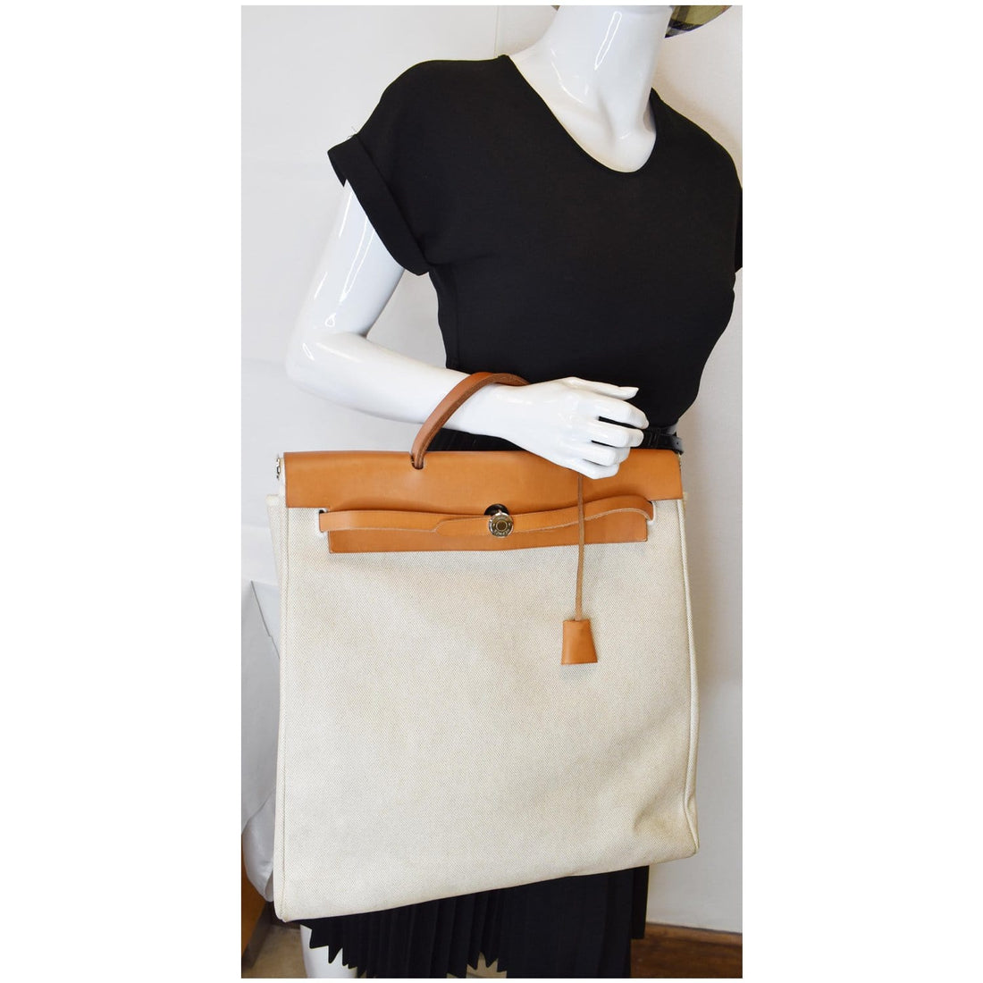 HERMES Herbag Canvas Leather Backpack Bag Beige