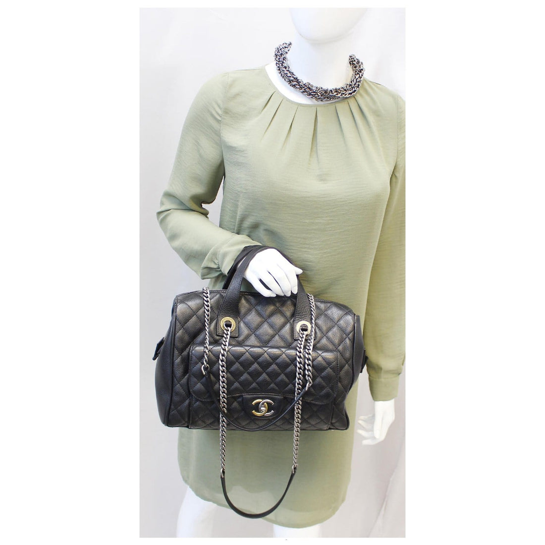 CHANEL Metallic Grained  Quilted Leather Bowling Bag