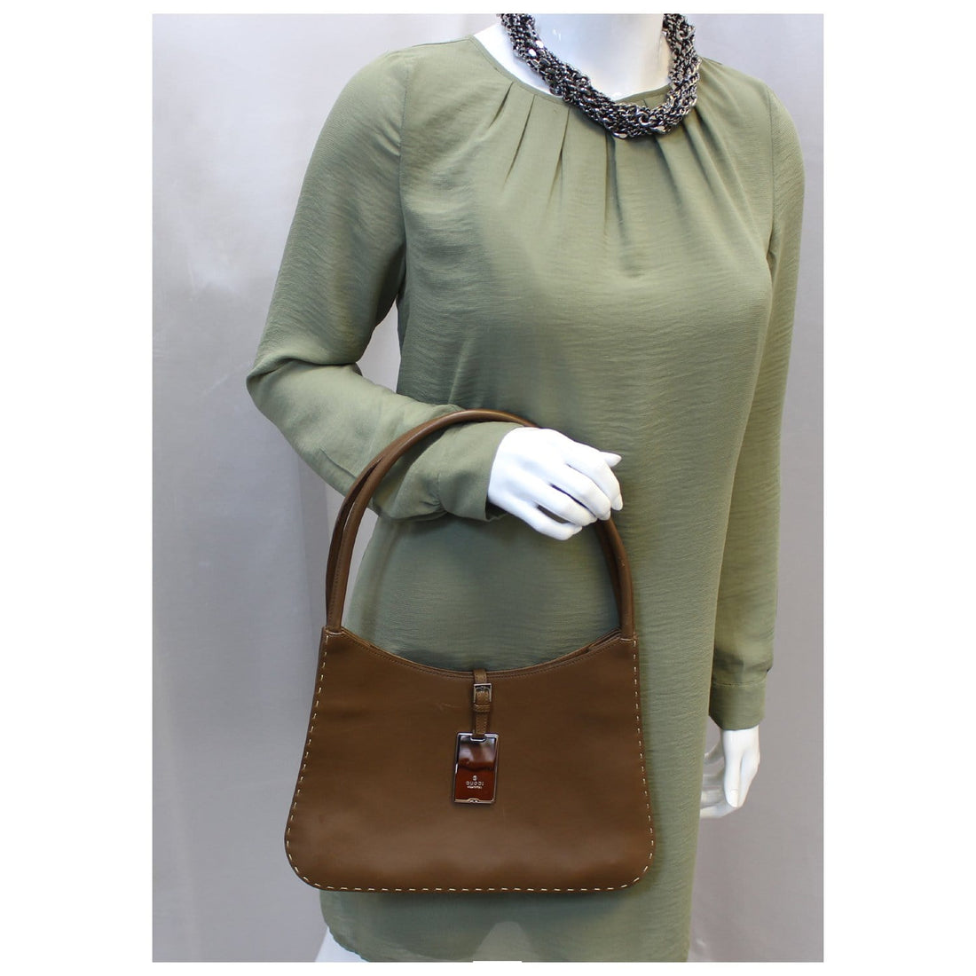 GUCCI Brown Leather Topstitch Shoulder Bag