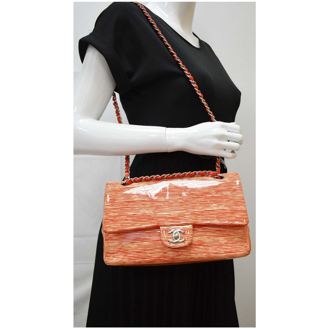 CHANEL Women Classic Medium Double Flap Striped New 1:1 Rep Leather Shoulder Bag White/Red