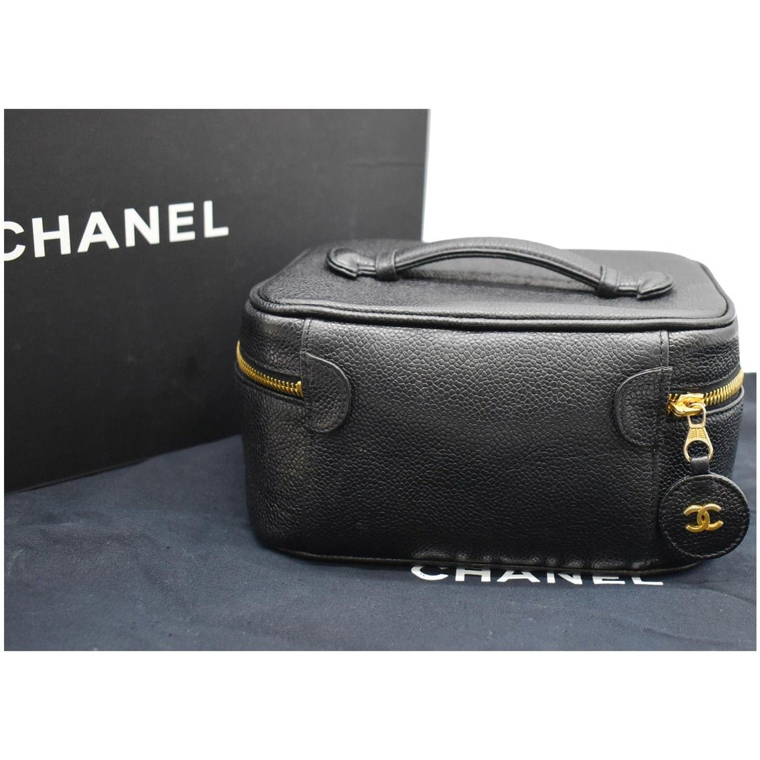 CHANEL  Vanity Case Leather Chain Cosmetic Bag Black