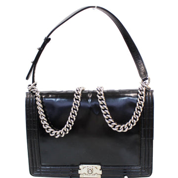 CHANEL Large Boy Glazed Calfskin Leather Shoulder Bag Black