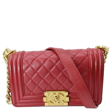 CHANEL Le Boy Small  Leather Shoulder Bag Red