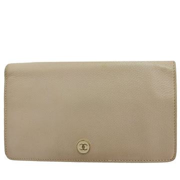 CHANEL Long Coco Button Bi-Fold Caviar Leather Wallet Beige