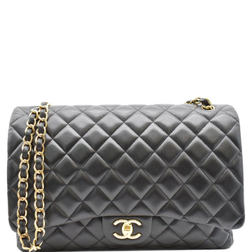 CHANEL Maxi Double Flap  Leather Shoulder Bag Black