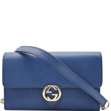 GUCCI Dollar Interlocking G Calfskin Leather Chain Wallet Crossbody Bag Blue 510314