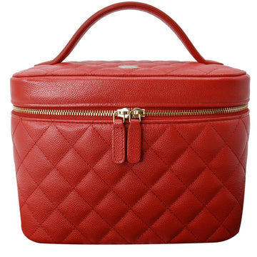 CHANEL Caviar Leather Quilted Large Cosmetic Vanity Pouch Red