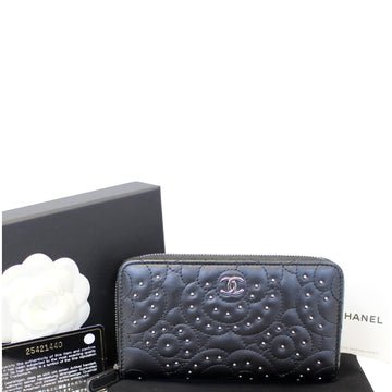 CHANEL Camellia Long Zippy studded Wallet Black
