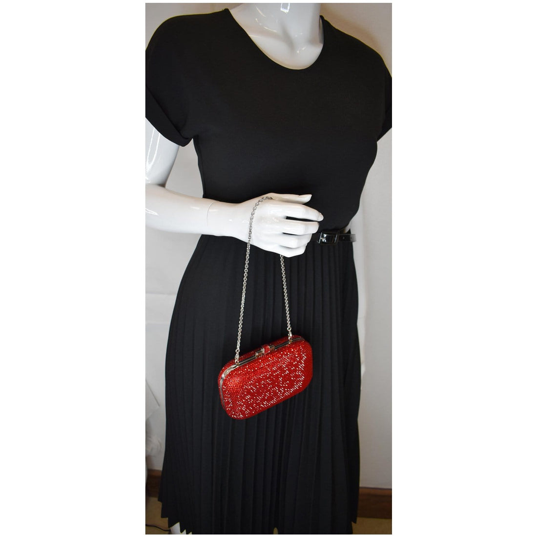 JUDITH LEIBER Slide Lock Crystal Chain Clutch Bag Red