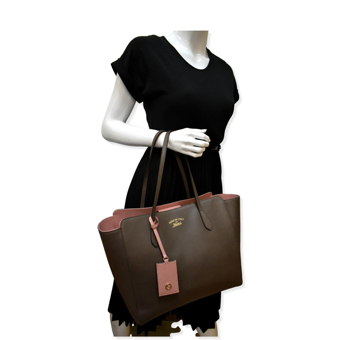 GUCCI Swing Medium Pebbled Leather Tote Bag Taupe 354397