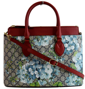GUCCI Blooms GG Floral Supreme Canvas Leather Satchel Bag Red 546316