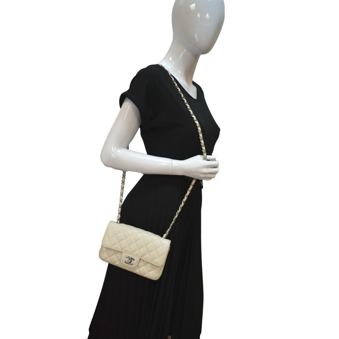 CHANEL Mini Flap Grained  Leather Crossbody Bag White
