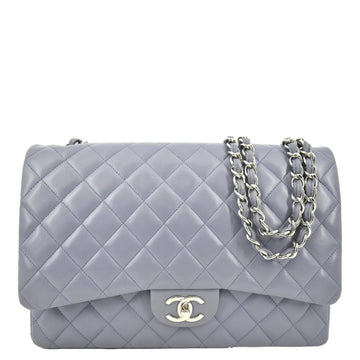 CHANEL Classic Maxi Double Flap Quilted  Leather Shoulder Bag Light Purple
