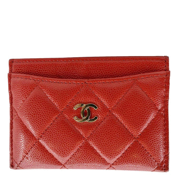 CHANEL CC Card Holder Quilted Caviar Leather Wallet Red