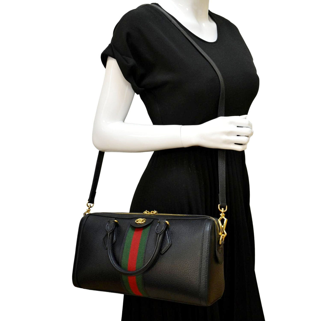 GUCCI Ophidia GG Web Leather Top Handle Shoulder Bag Black 524532