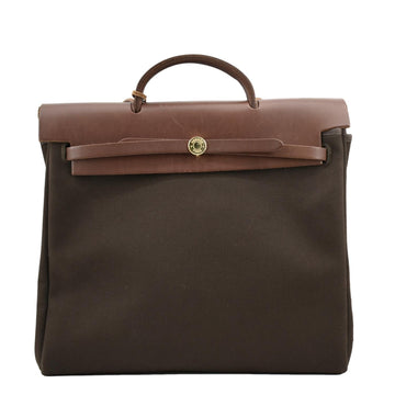 HERMES Herbag MM Canvas Leather Shoulder Bag Brown