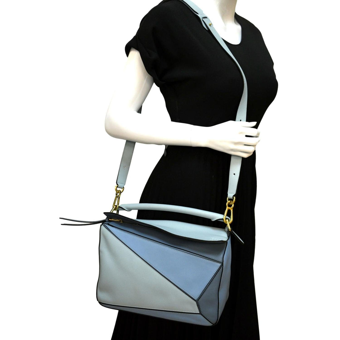 LOEWE Puzzle Medium Calfskin Leather Shoulder Bag Aqua Light Blue
