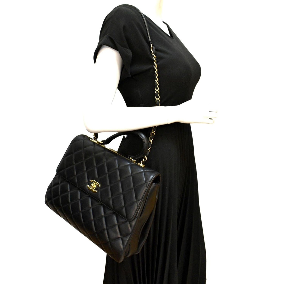 CHANEL Trendy CC Top Handle Flap Quilted Leather Shoulder Bag Black