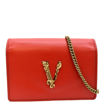 VERSACE Vitello Mini Virtus  Leather Crossbody Bag Flame Red