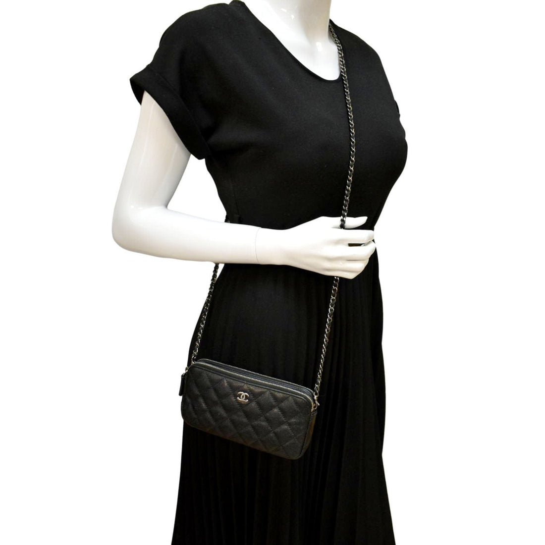 CHANEL Double Zip Quilted  Leather Shoulder Bag Black