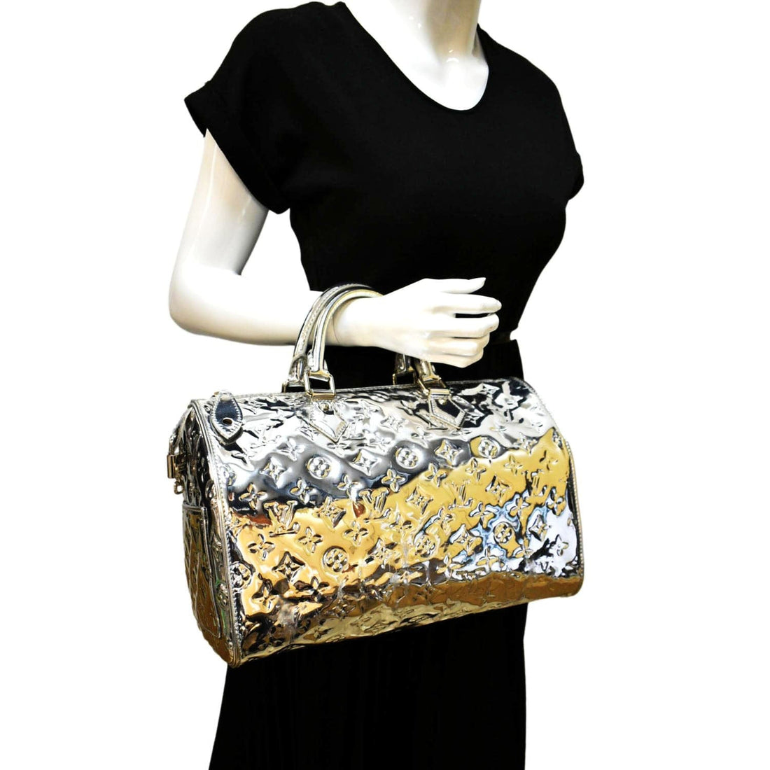 LOUIS VUITTON Speedy 30 Miroir Monogram Patent Leather Satchel Bag Metallic Silver