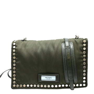 PRADA Tessuto Studded Etiquette Nylon Shoulder Bag Olive Green