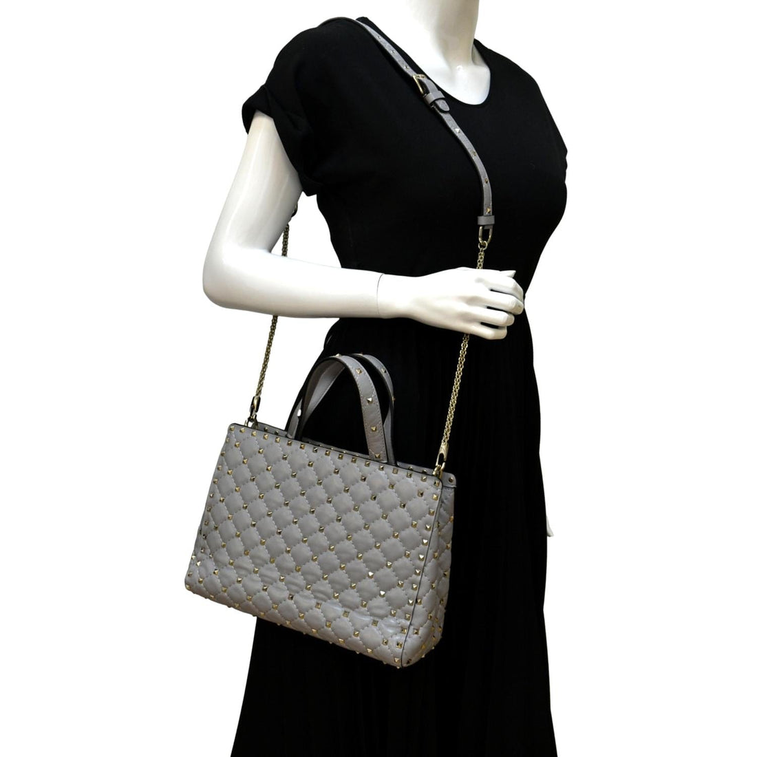 VALENTINO Rockstud Spike Quilted Leather Tote Crossbody Bag Grey