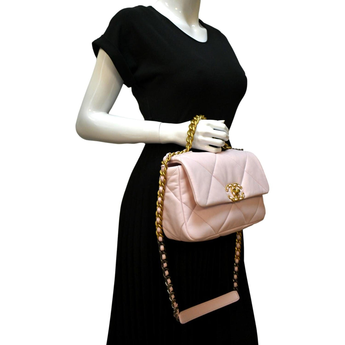 CHANEL 19 Medium Flap Quilted Lambskin Leather Shoulder Bag Light Pink