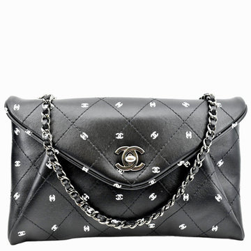 CHANEL CC Envelope Printed  Leather Chain Clutch Bag Black