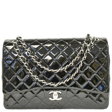 CHANEL Classic Maxi Double Flap Quilted Patent Leather Shoulder Bag Black